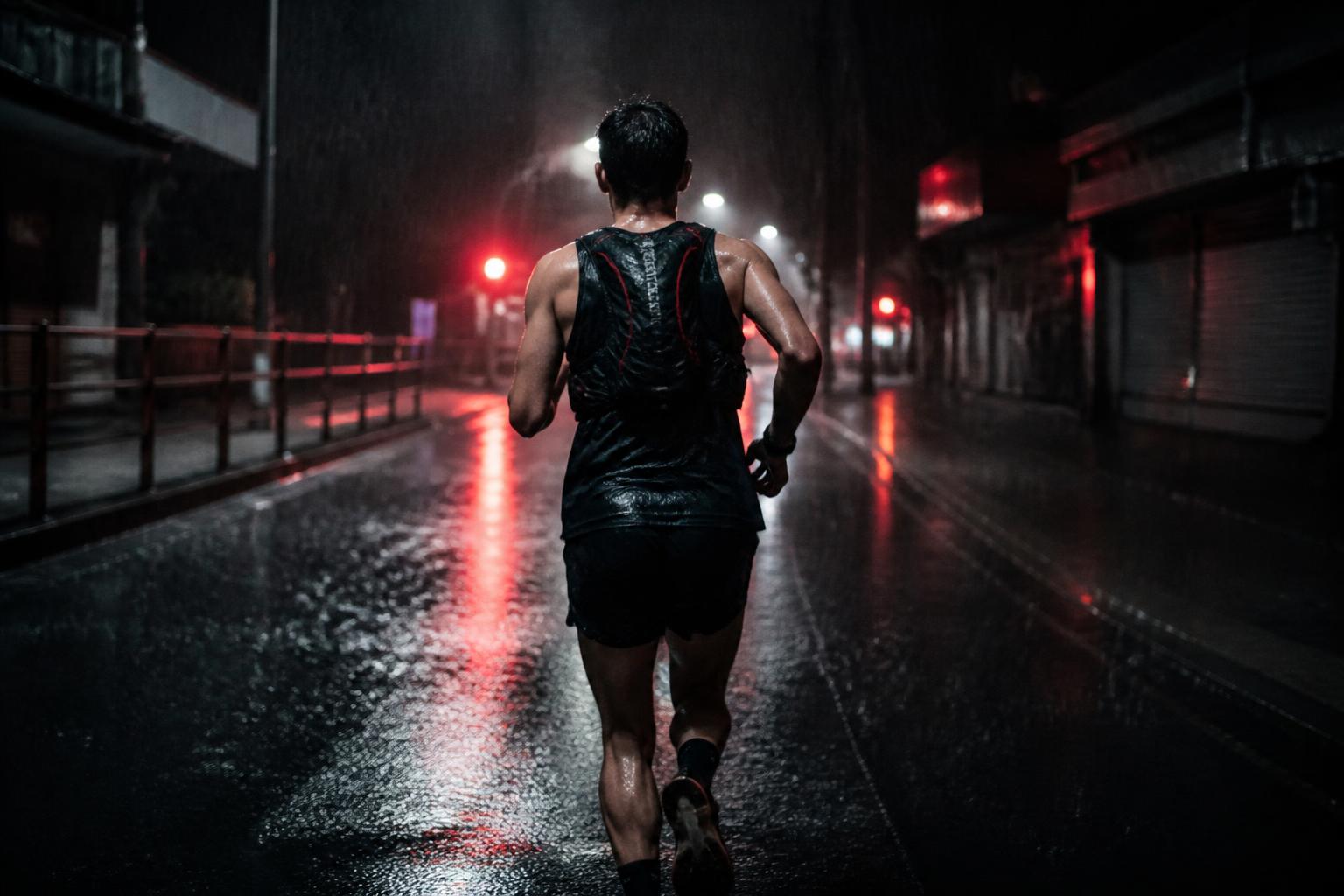 Coureur dans la nuit pluvieuse équipé du sac VAYBAYS